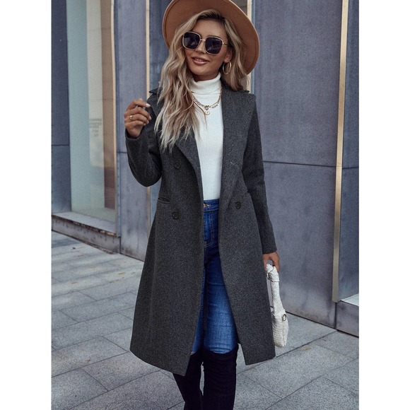 Lapel collar Double Breasted Overcoat long pea coat light gray long line - Picture 3 of 10